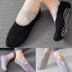 3 pair Yoga Pilates Reformer Ballet Strap Grip Socks Non-Slip Lilac Grey Black